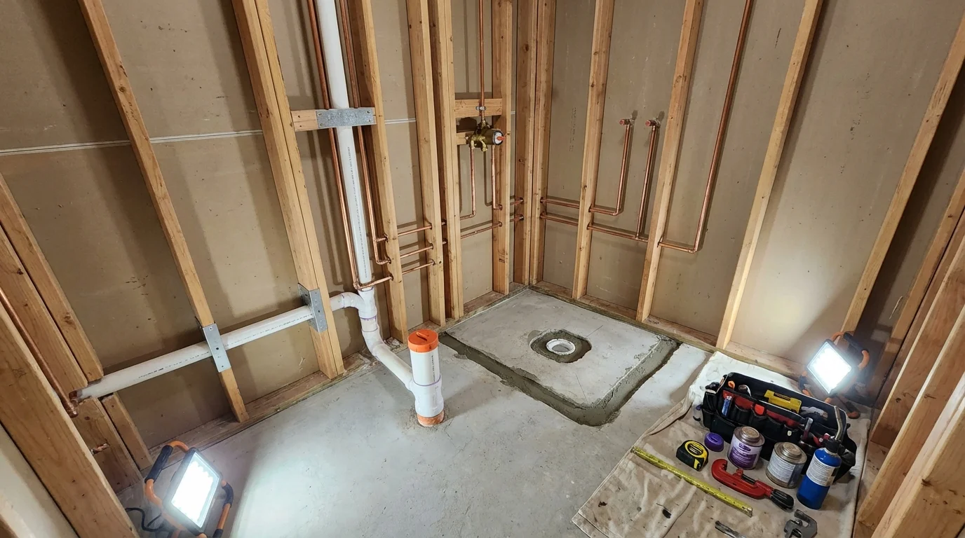 Bathroom rough-in plumbing during remodel by Johns Plumbing LLC in Cowan