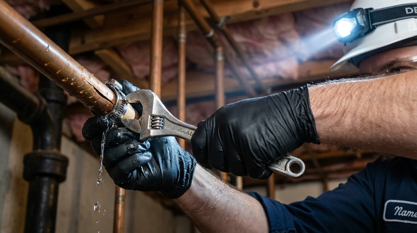 Emergency pipe clamp repair being performed by a Johns Plumbing LLC plumber in Cowan