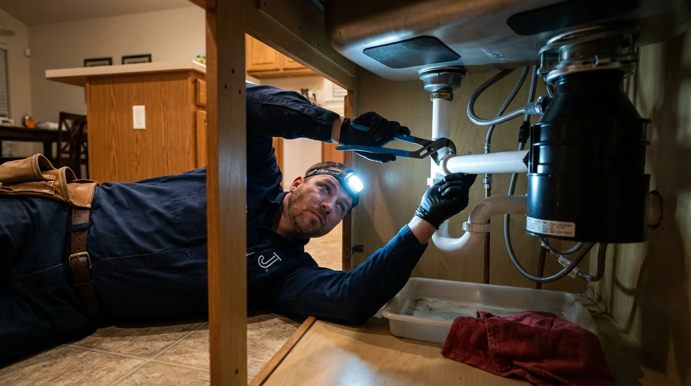 P-trap and supply line connections under a kitchen sink showing a common leak point in Cowan, TN
